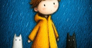 AI提示词_一个穿着黄色雨衣的小孩正在踩水坑，身后有三只小猫_chatgpt缩略图