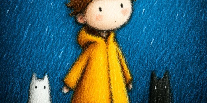 ChatGPT提示词_一个穿着黄色雨衣的小孩正在踩水坑，身后有三只小猫_chatgpt缩略图