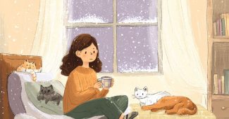 ChatGPT提示词_一个女孩在床上喝咖啡看书，旁边有可爱的小猫和一只狗，窗外飘雪营造出温馨的氛围_chatgpt会员怎么购买缩略图