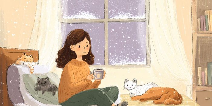 ChatGPT提示词_一个女孩在床上喝咖啡看书，旁边有可爱的小猫和一只狗，窗外飘雪营造出温馨的氛围_chatgpt会员怎么购买缩略图