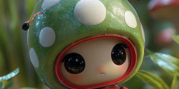 Ai提示词_一个可爱的迷你瓢虫角色，带有大绿帽子和白色斑点，背景是梦幻森林_chatgpt在线网页版中文版缩略图