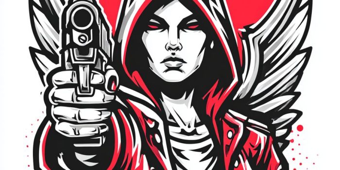 Ai提示词_白色背景上的涂鸦风格T恤设计，天使手持手枪缩略图