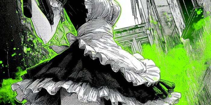 AI提示词_一个穿着经典蕾丝女仆制服的动漫女孩，戴着圆框眼镜，手持突击步枪，展现出强势气场_chatgpt中文官网缩略图