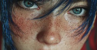 AI提示词_穿着春丽cosplay服装的女孩，具有自然肌肤纹理和深蓝色头发，微笑着_chatgpt5缩略图