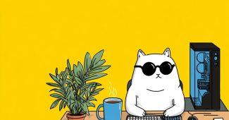 Ai提示词_一只可爱的白色卡通猫戴着黑色太阳镜，坐在现代黑蓝色游戏电脑前_chatgpt在线网页版3.5缩略图