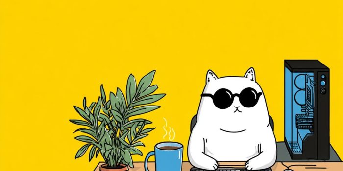 Ai提示词_一只可爱的白色卡通猫戴着黑色太阳镜，坐在现代黑蓝色游戏电脑前_chatgpt在线网页版3.5缩略图