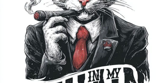 ai提示词_一只穿着黑色西装红色领带的猫，嘴里叼着雪茄，带着太阳镜展现出邪魅微笑，标题为‘在我的反派时代’_chatgpt会员激活码缩略图