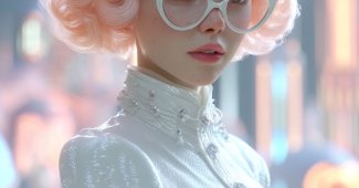 AI提示词_一位50年代复古风格的女性，拥有粉桃色短发和猫眼眼镜，身穿珍珠白衬衫，站在霓虹未来城市街头_chatgpt5.0手机端缩略图