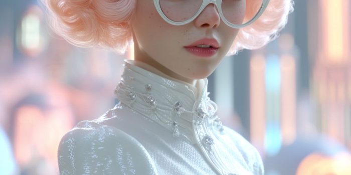 ChatGPT提示词_一位50年代复古风格的女性，拥有粉桃色短发和猫眼眼镜，身穿珍珠白衬衫，站在霓虹未来城市街头_chatgpt5.0手机端缩略图