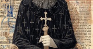 AI提示词_一个神秘的中世纪人物坐在王座上，身着黑色披风和十字架，面孔隐藏在链甲面罩下，手握长剑，整个画面嵌入了一张日本便利店收据中_chatgpt.com登录缩略图