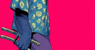 Ai提示词_一只穿着日本风格 衣服的暴力猩猩佩戴 耳机，侧身走动，头戴 帽子，腰上挂着两把武士刀 服饰缩略图