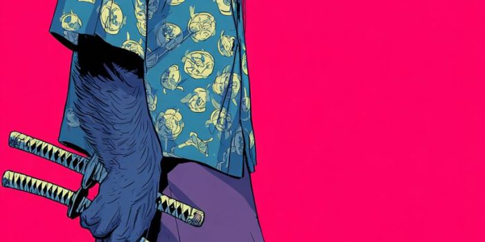 Ai提示词_一只穿着日本风格 衣服的暴力猩猩佩戴 耳机，侧身走动，头戴 帽子，腰上挂着两把武士刀 服饰缩略图