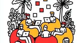 AI提示词_一个现代的共享办公空间，几个数字游牧者在笔记本电脑上工作，围绕便签纸合作，旁边放着旅行背包和豆袋椅放松_chatgpt官网网页版缩略图