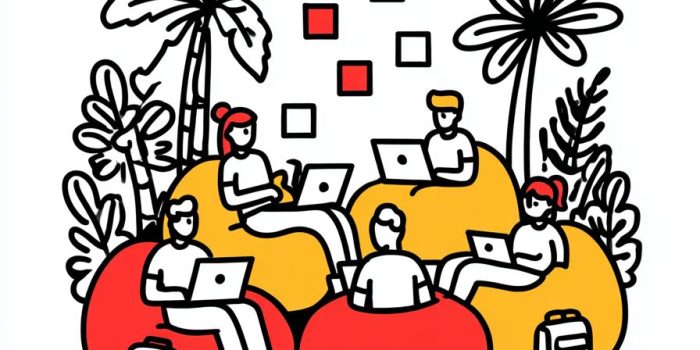 ChatGPT提示词_一个现代的共享办公空间，几个数字游牧者在笔记本电脑上工作，围绕便签纸合作，旁边放着旅行背包和豆袋椅放松_chatgpt官网网页版缩略图