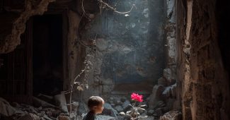 Ai提示词_一个跪着的孩子在废墟中看一朵盛开的花缩略图