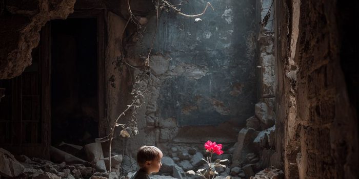 Ai提示词_一个跪着的孩子在废墟中看一朵盛开的花缩略图