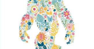 AI提示词_一只大脚怪正面画像，身上装饰着花朵和蝴蝶图案_chatgptplus官网缩略图