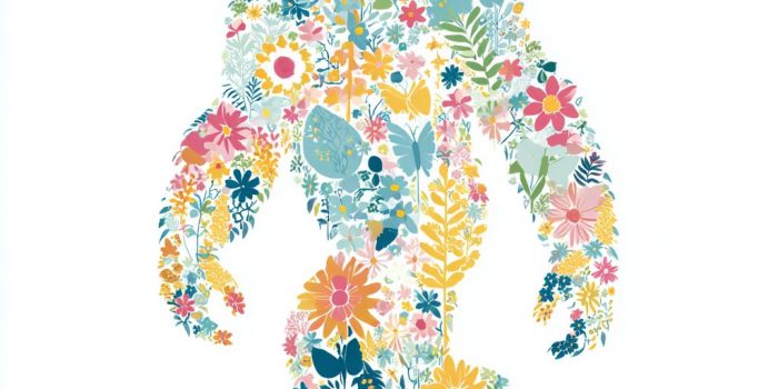 ChatGPT提示词_一只大脚怪正面画像，身上装饰着花朵和蝴蝶图案_chatgptplus官网缩略图