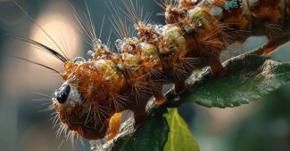 Ai提示词_一只栩栩如生的毛毛虫栖息在绿叶上，色彩鲜艳且纹理复杂_如何开通gpt会员缩略图