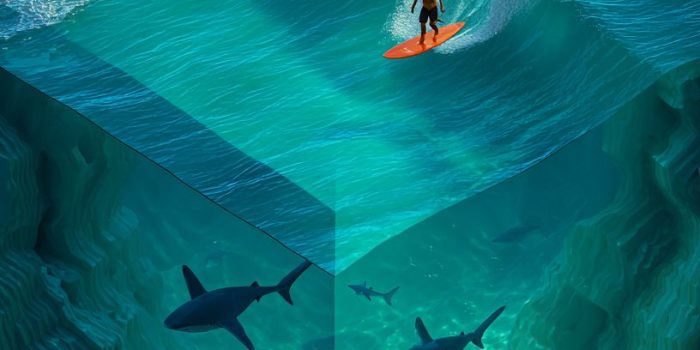 AI提示词_一个冲浪者在波浪上冲浪，两个鲨鱼在水底游泳_买gpt会员缩略图