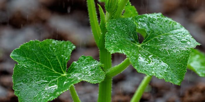 ChatGPT提示词_一株带有十片叶子和一个未开放的黄色花蕾的南瓜植物，生长在湿润的黑土中，细雨轻轻落下_chatgpt50官网中文版缩略图