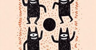 Ai提示词_以大胆的黑色形状为主的原始民间艺术风格，四个犬头人形在动态舞蹈姿态中排列_chatgpt网页版缩略图