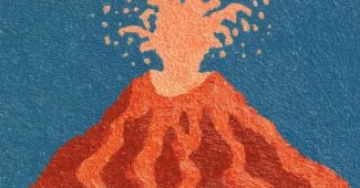 Ai提示词_简化的火山正冒出熔岩，穆敏爸爸在喝酒缩略图