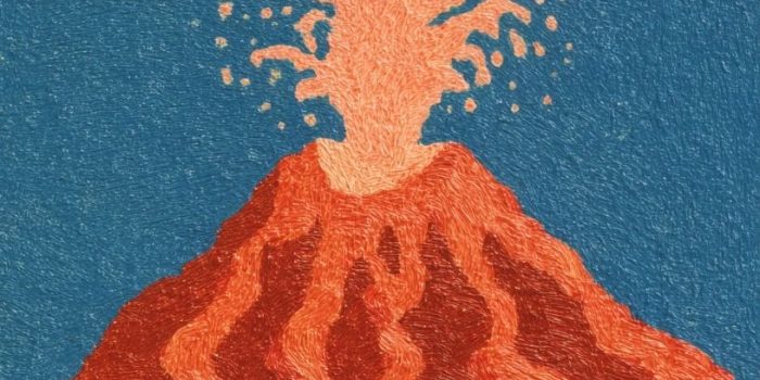 Ai提示词_简化的火山正冒出熔岩，穆敏爸爸在喝酒缩略图