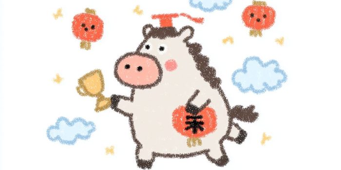 AI提示词_一只快乐的卡通马吉祥物，跳跃姿势，拿着金色奖杯，戴着红色毕业帽，围绕着云朵和红灯笼，体现中国新年主题_chatgpt会员版缩略图