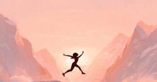 AI提示词_一幅象征性的风景画，展示一位黑人女性在两座悬崖之间跳跃，背景是柔和的日出或清晨的天空_chatgpt会员激活码缩略图