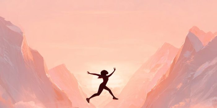 ChatGPT提示词_一幅象征性的风景画，展示一位黑人女性在两座悬崖之间跳跃，背景是柔和的日出或清晨的天空_chatgpt会员激活码缩略图