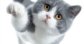 AI提示词_一只可爱的蓝白色英国短毛猫伸出一只前爪准备捕捉，背景干净简单_chatgpt5.1即时聊天缩略图