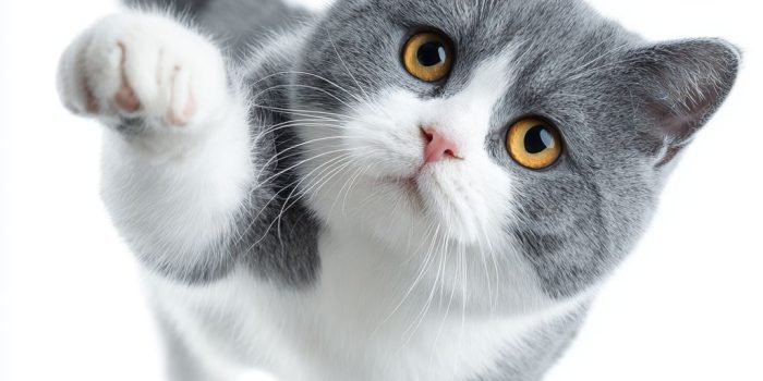 AI提示词_一只可爱的蓝白色英国短毛猫伸出一只前爪准备捕捉，背景干净简单_chatgpt5.1即时聊天缩略图