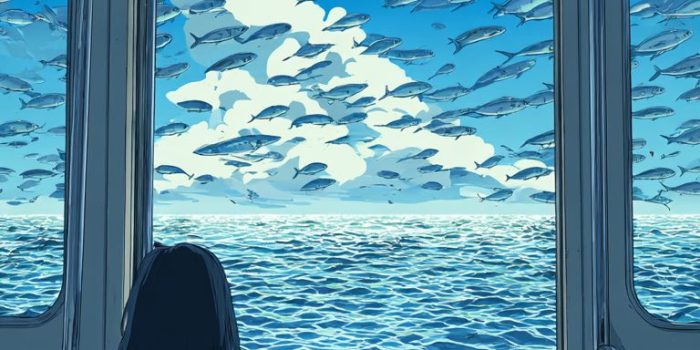 AI提示词_女孩坐在地铁上，一手拿着书包，一边注视着蓝天下漂浮的鱼群_国内如何开通gpt会员卡缩略图