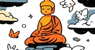 Ai提示词_佛陀坐在色彩斑斓的云朵上，展现出一幅生机勃勃的美丽画面_gpt会员多少钱缩略图