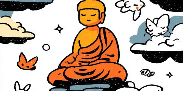 Ai提示词_佛陀坐在色彩斑斓的云朵上，展现出一幅生机勃勃的美丽画面_gpt会员多少钱缩略图