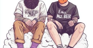 Ai提示词_两个穿着休闲的极客角色坐在云上，展示了他们的个性_gpt会员多少钱一年缩略图