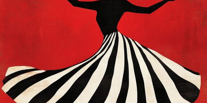 AI提示词_一幅女性在红色背景上身着黑白条纹裙子跳舞的简约风格画作_chat gpt会员费缩略图