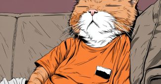 AI提示词_一只搞笑的疲惫拟人化猫穿着T恤在沙发上睡觉_chatgpt5.0新增功能缩略图