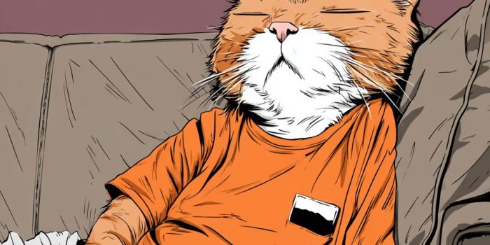 ChatGPT提示词_一只搞笑的疲惫拟人化猫穿着T恤在沙发上睡觉_chatgpt5.0新增功能缩略图