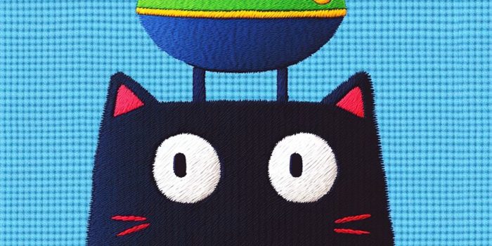 Ai提示词_三维刺绣图案，太空船停在黑猫的头上，灰猫在跳跃_chatgpt5.2缩略图