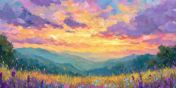 Ai提示词_一幅描绘宁静的大黄橙色日出，紫粉色天空环绕绿紫灰色山脉，草甸上盛开着蓝紫粉白色花朵的画作缩略图
