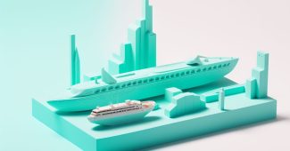 Ai提示词_一个巨大的翠蓝色冰棒漂浮在海面上，周围是小岛和游泳的人们缩略图