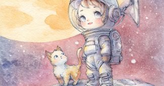 Ai提示词_月球表面上的可爱宇航员和太空猫的水彩画缩略图