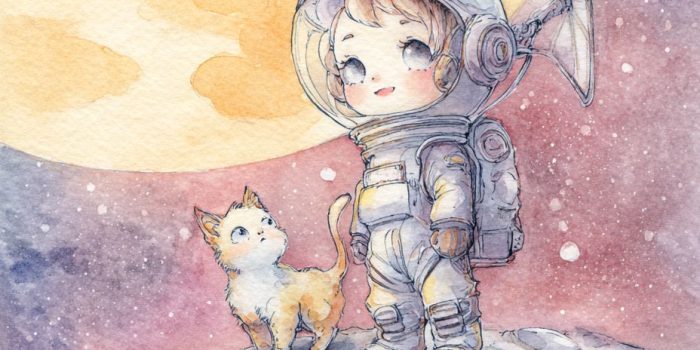 Ai提示词_月球表面上的可爱宇航员和太空猫的水彩画缩略图