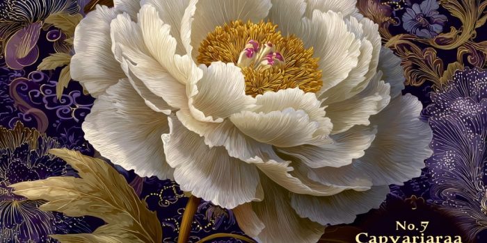 Ai提示词_一幅色彩丰富的插图，展示了在深紫色和蓝色图案背景下的大白芍药缩略图