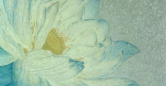 Ai提示词_这幅插图以岩石色为主，描绘了一朵蓝白渐变色的莲花，细腻的质感和传统工笔画风格相结合缩略图