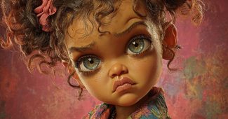 Ai提示词_超写实风格的卡通化小蕾哈娜，夸张的面部特征与精致的皮肤纹理缩略图