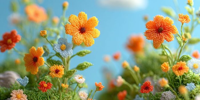 Ai提示词_这是一幅展现手工制作的玻璃珠向日葵田的小型景观摄影作品缩略图