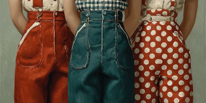 Ai提示词_三款复古风格的18寸娃娃穿着受到1940年代启发的休闲服，呈现红白蓝格子和波点图案缩略图